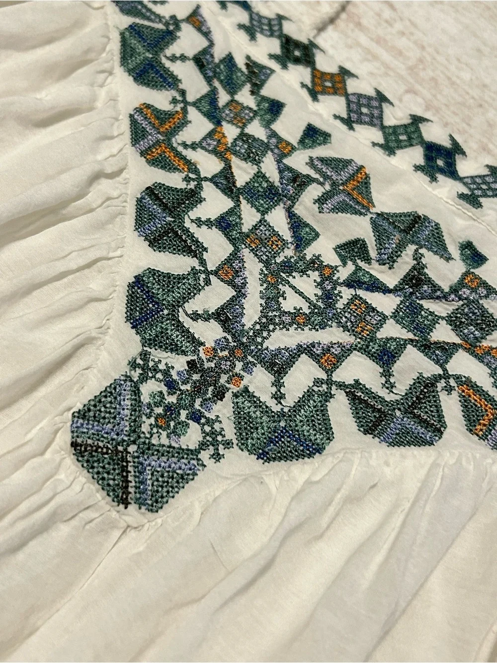 Free People Boho White Off-Shoulder Tunic with Teal Embroidery